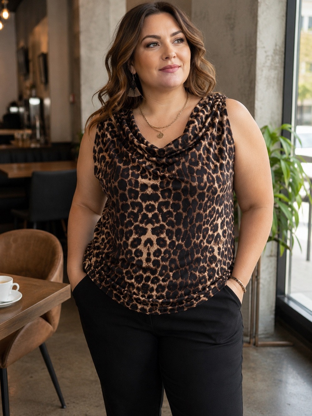 Leopard Print Cowl Neck Sleeveless Top - Brown/Black